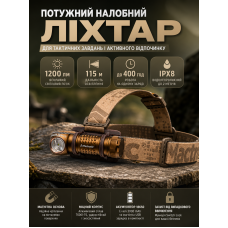 Фонарь налобный угловой Mactronic Sirius H12 AHL0172 аккумуляторный 1200 Lm 84x29.5x23 мм Хаки