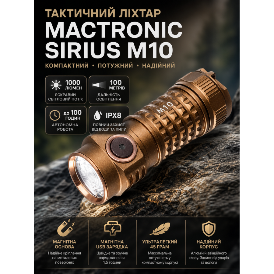 Фонарь тактический Mactronic Sirius M10 THH0171 аккумуляторный 1000 Lm 56x20x20 мм Хаки