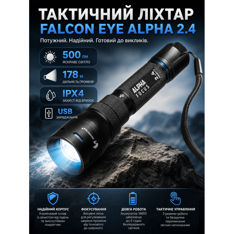 Фонарь тактический Falcon Eye Alpha 2.4 FHH0116 с фокусировкой 500 Lm 163x43x43 мм Черный
