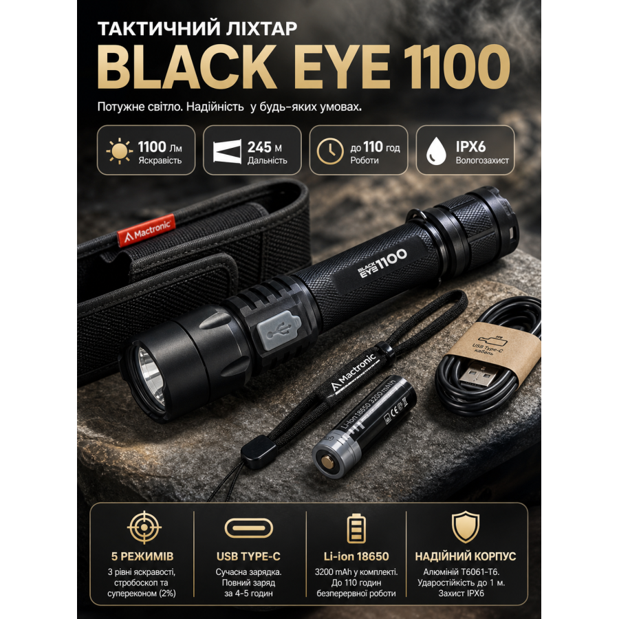 Фонарь тактический Mactronic Black Eye 1100 THH0048 Type-C 1100 Lm 142x34x28 мм Черный