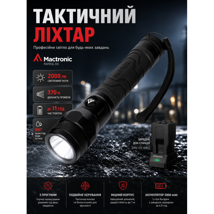 Фонарь тактический Mactronic Patrol RX THH0056 с док-станцией 2000 Lm 194x44x44 мм Черный