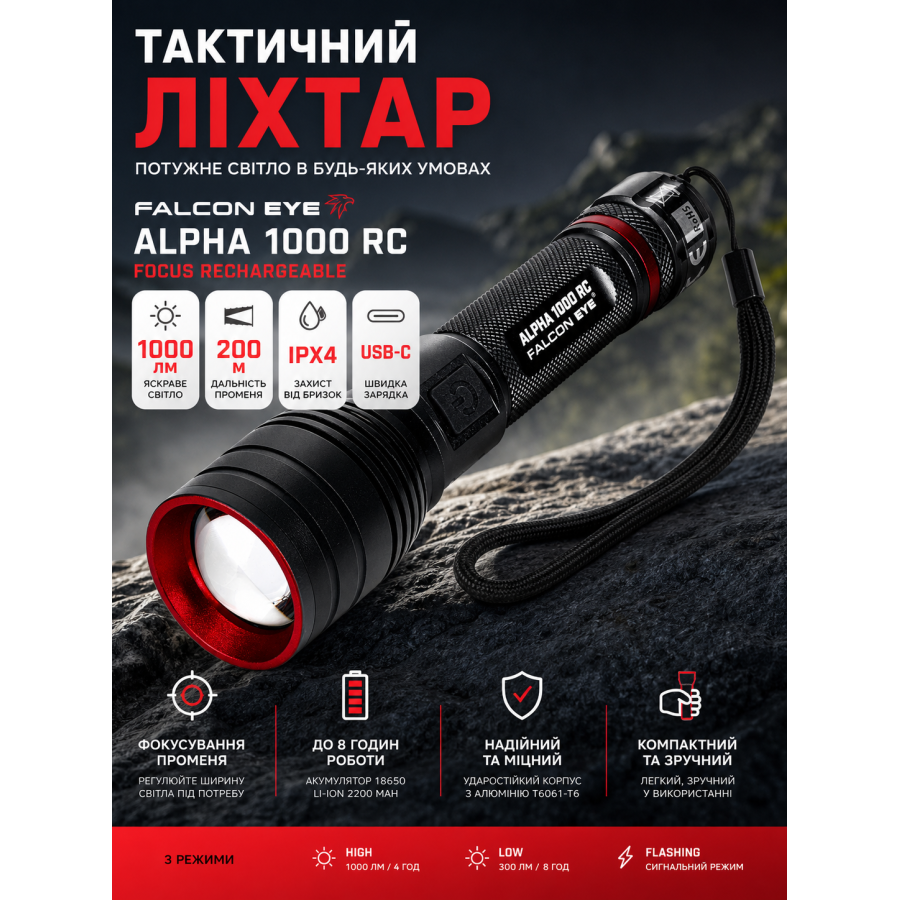 Фонарь тактический Falcon Eye Alpha 1000 RC FHH0122 1000 Lm Focus USB-C Черный
