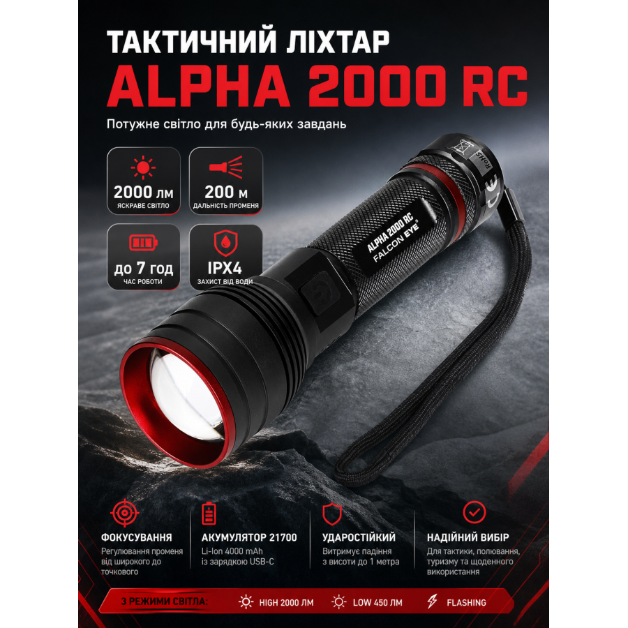 Фонарь тактический Falcon Eye Alpha 2000 RC FHH0123 2000 Lm Focus USB-C Черный