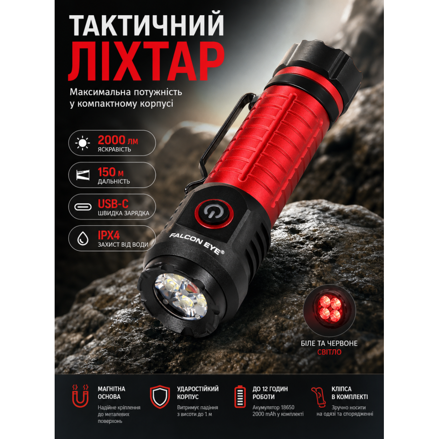 Фонарь тактический Falcon Eye Omega 2K FHH0142 2000 Lm White/Red LED USB-C Магнитный Черный