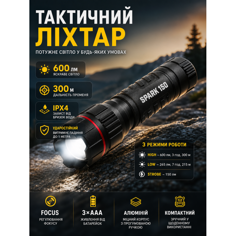Фонарь тактический Falcon Eye Spark 100 Focus 480 Lm алюминий Black