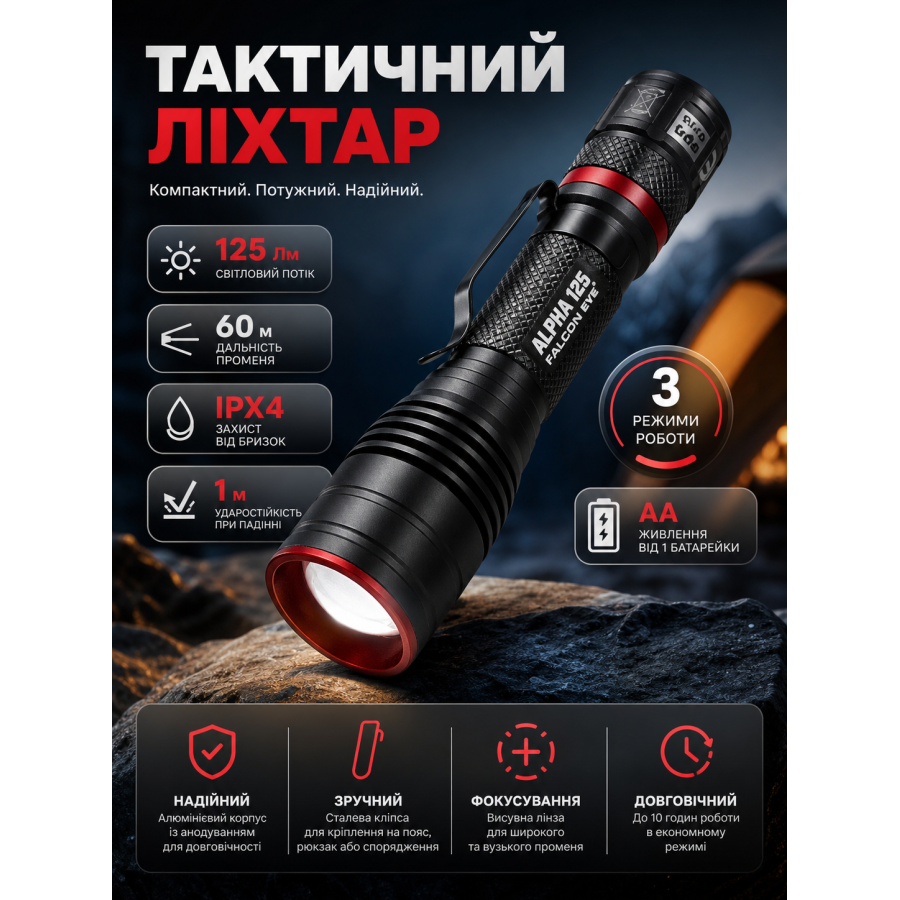 Фонарь тактический Falcon Eye Alpha 125 Focus 125 Lm алюминий Black
