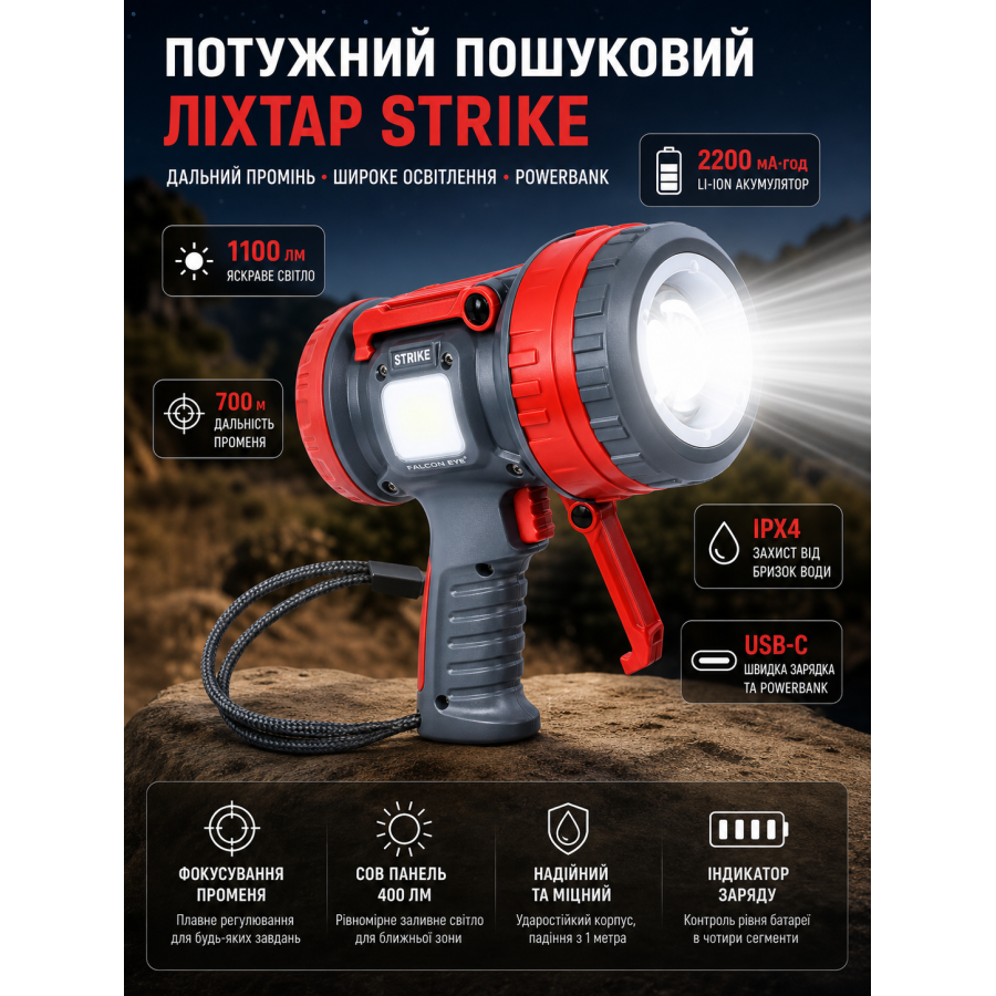 Фонарь поисковый Falcon Eye Strike Focus 1100 Lm алюминий Grey