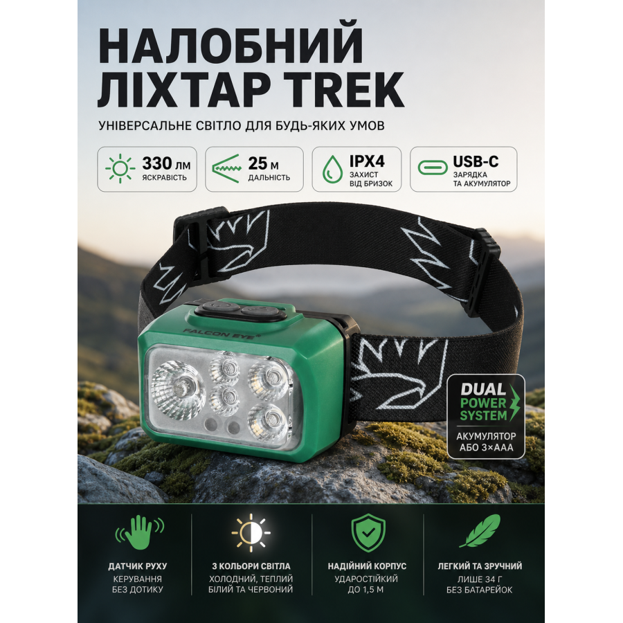 Фонарь налобный Falcon Eye Trek 330 Lm Dual Power USB-C пластик Green
