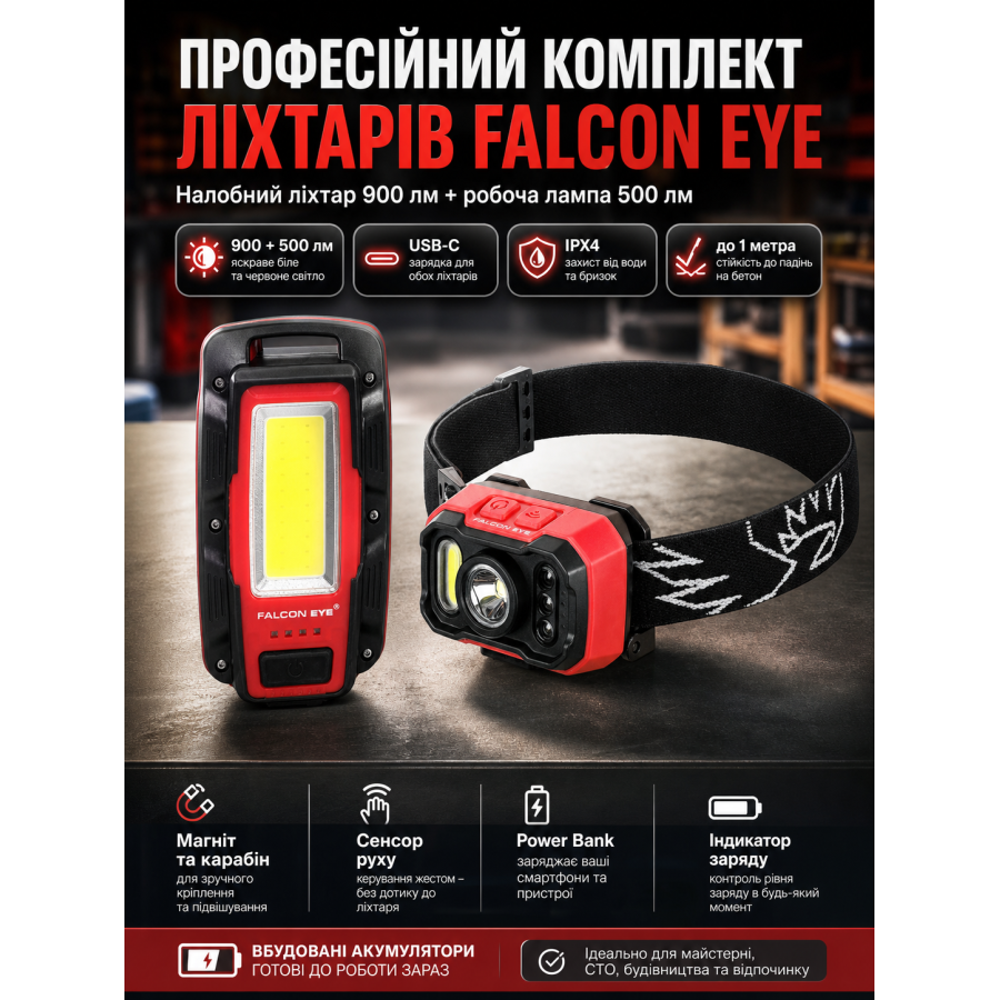 Набор фонарей профессиональный Falcon Eye 900+500 Lm Powerbank USB-C пластик Red