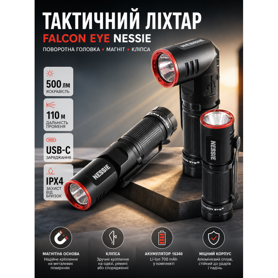 Фонарь тактический Falcon Eye Nessie 500 Lm магнитный USB-C алюминий Black
