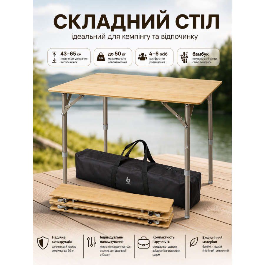 Стол туристический Bo-Camp Suffolk 80x60x43-65 см бамбук Brown