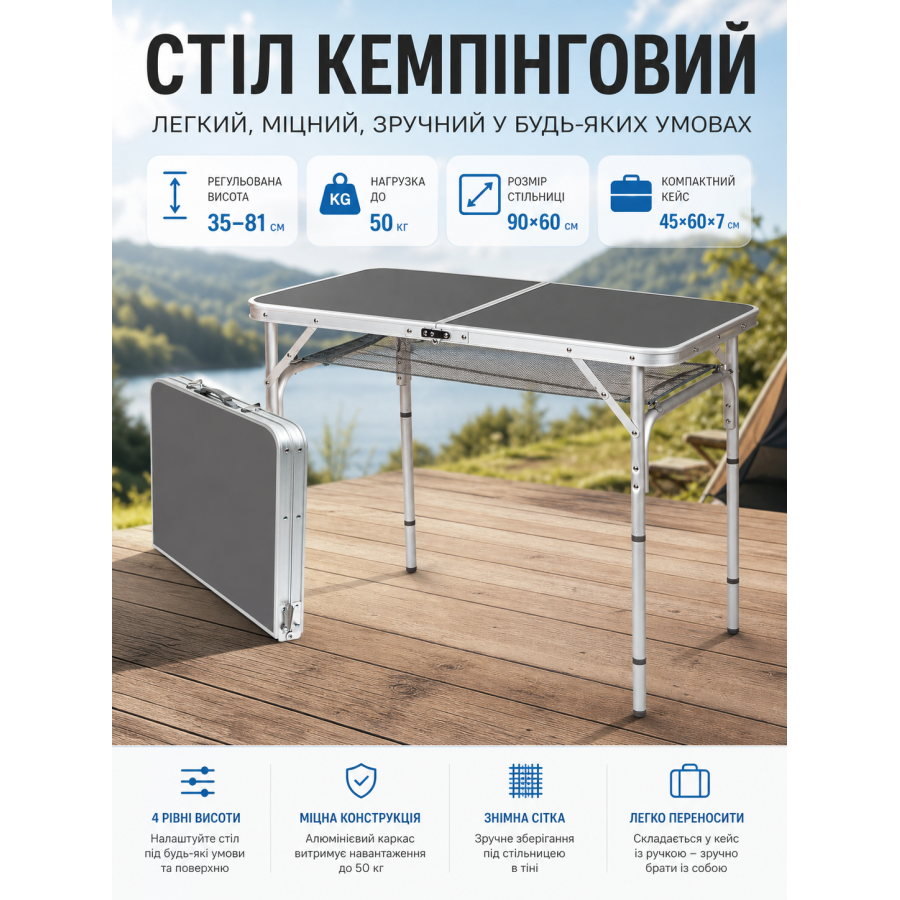 Стол туристический Bo-Camp Case 90x60x35/81 см МДФ Grey