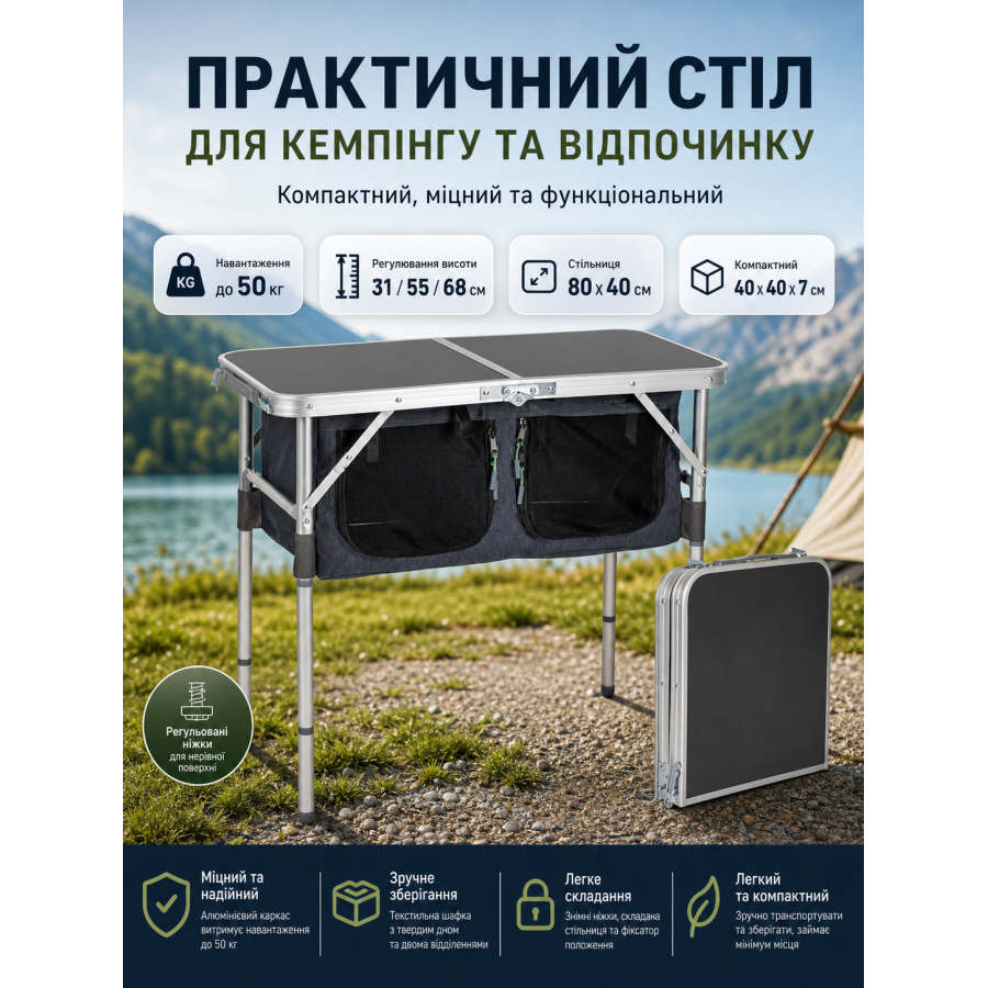 Стол туристический Bo-Camp Otter 80x40x31/68 см МДФ/текстиль Anthracite