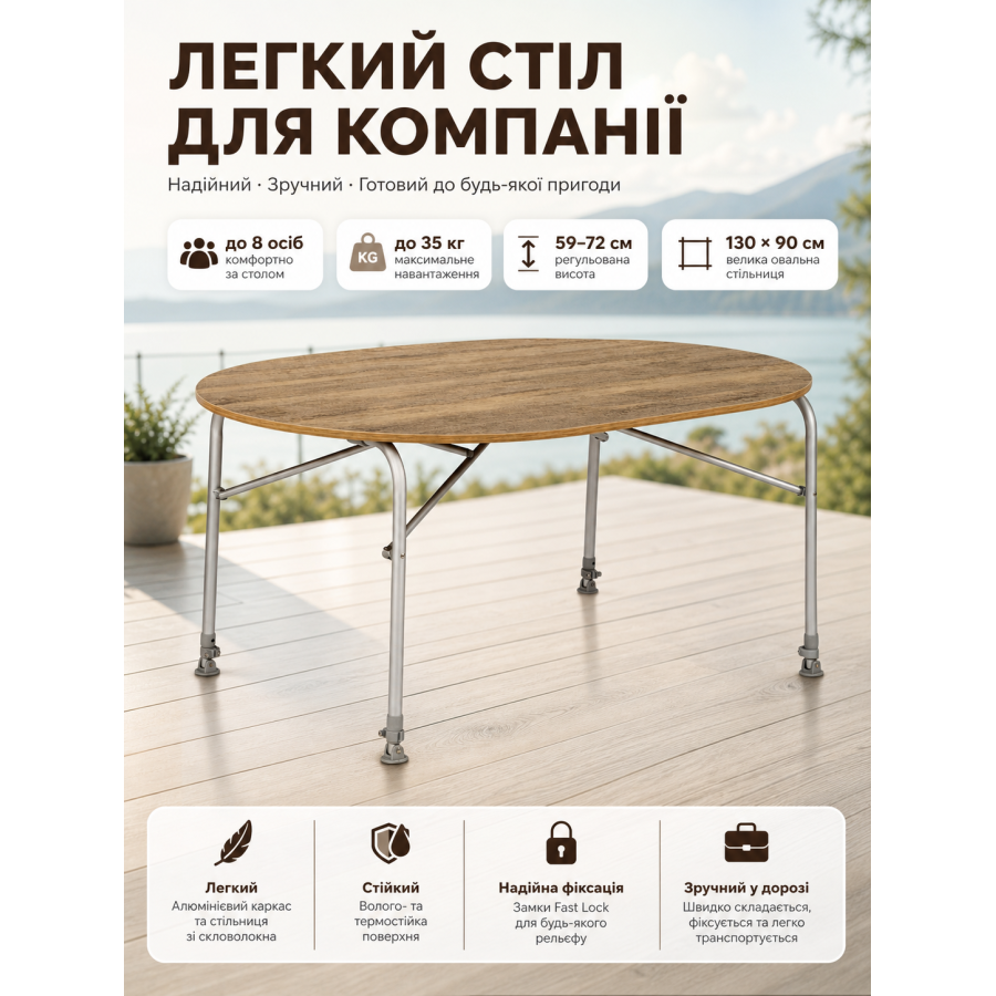 Стол туристический Bo-Camp Feather Oval 130x90x59/72 см стекловолокно Brown