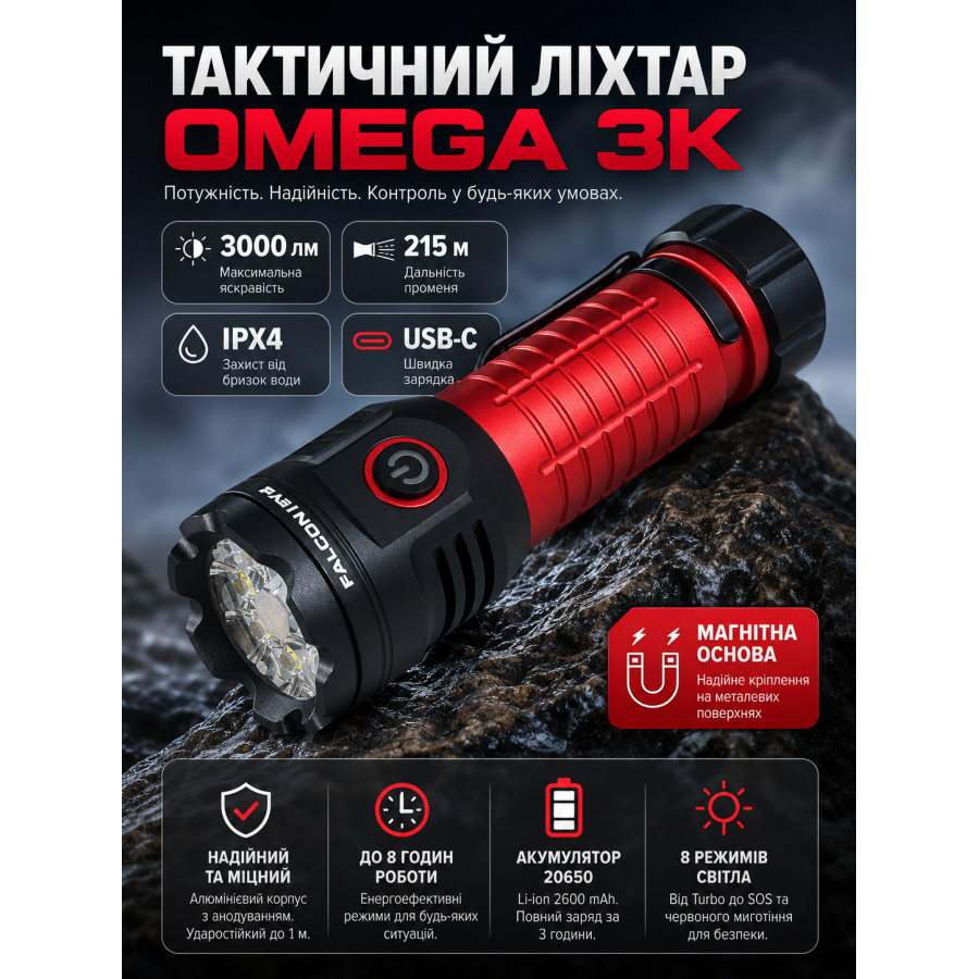 Фонарь тактический Falcon Eye Omega 3K 3000 Lm магнитный USB-C алюминий Black
