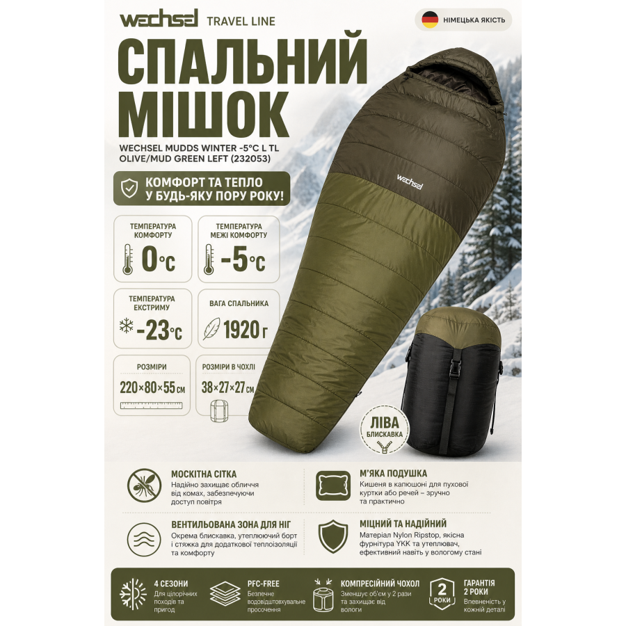 Спальный мешок Wechsel Mudds Winter -5° L TL Olive/Mud Green Left (232053)
