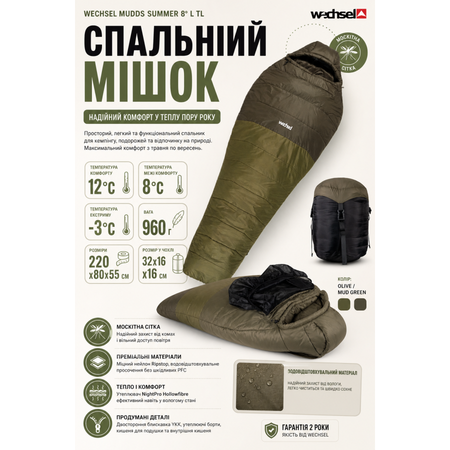 Спальный мешок Wechsel Mudds Summer 8° L TL Olive/Mud Green Left (232049)