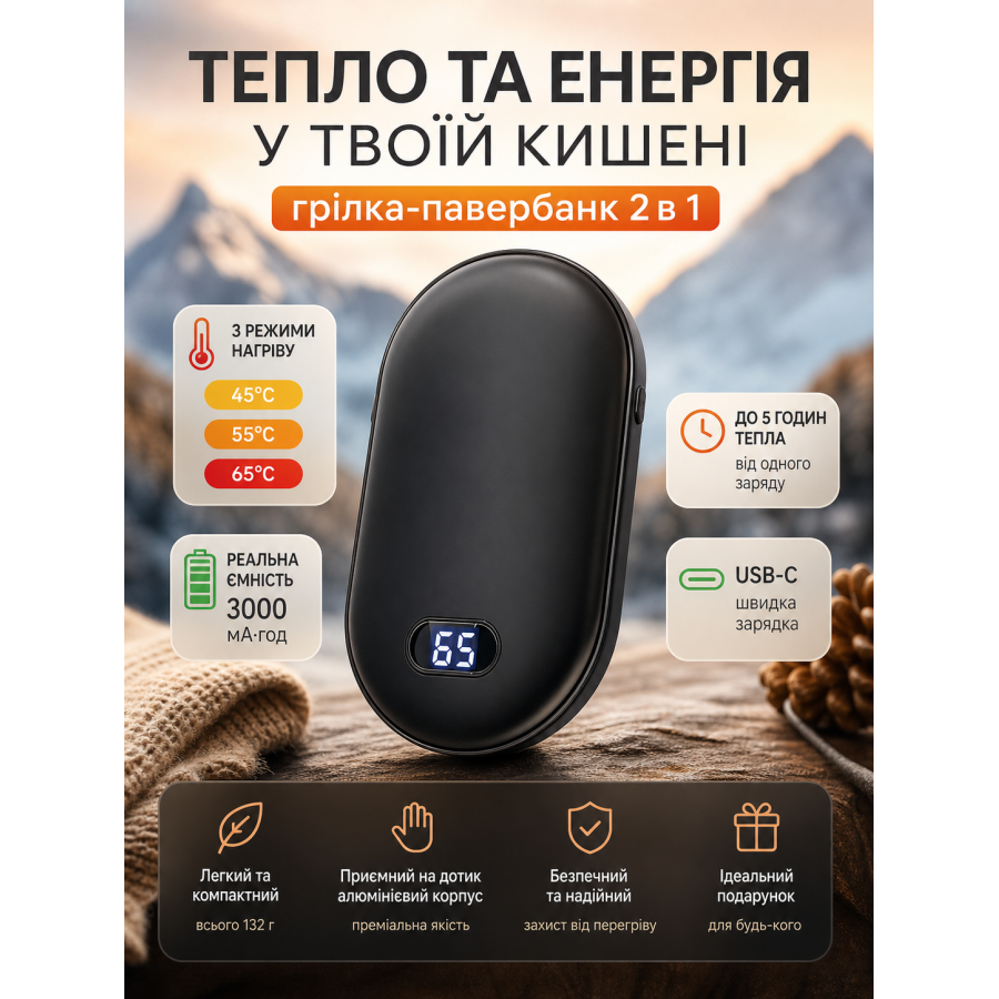 Грелка-пауэрбанк N22 3000 с нагревом до 65°C