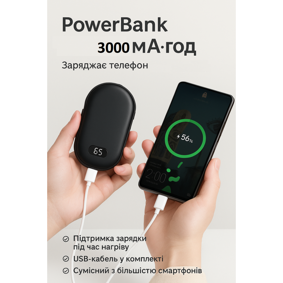 Грелка-пауэрбанк N22 3000 с нагревом до 65°C