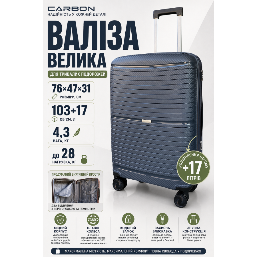 Чемодан большой Carbon 65803 полипропилен 76х47х31 см 103+17 л Серый