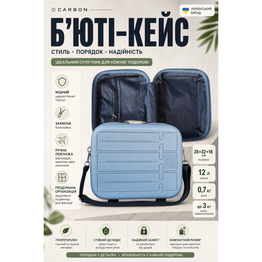 Бьюти-кейс Carbon 65903 полипропилен 28х32х18 см 12 л Голубой