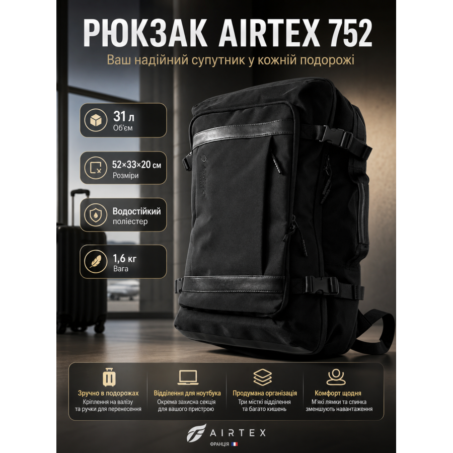 Рюкзак Airtex 752 полиэстер 52х33х20 см 31 л Черный
