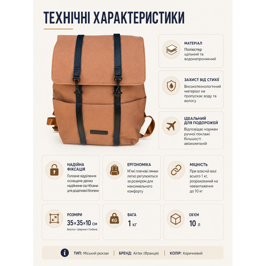 Рюкзак Airtex 754 полиэстер 35х35х10 см Коричневый
