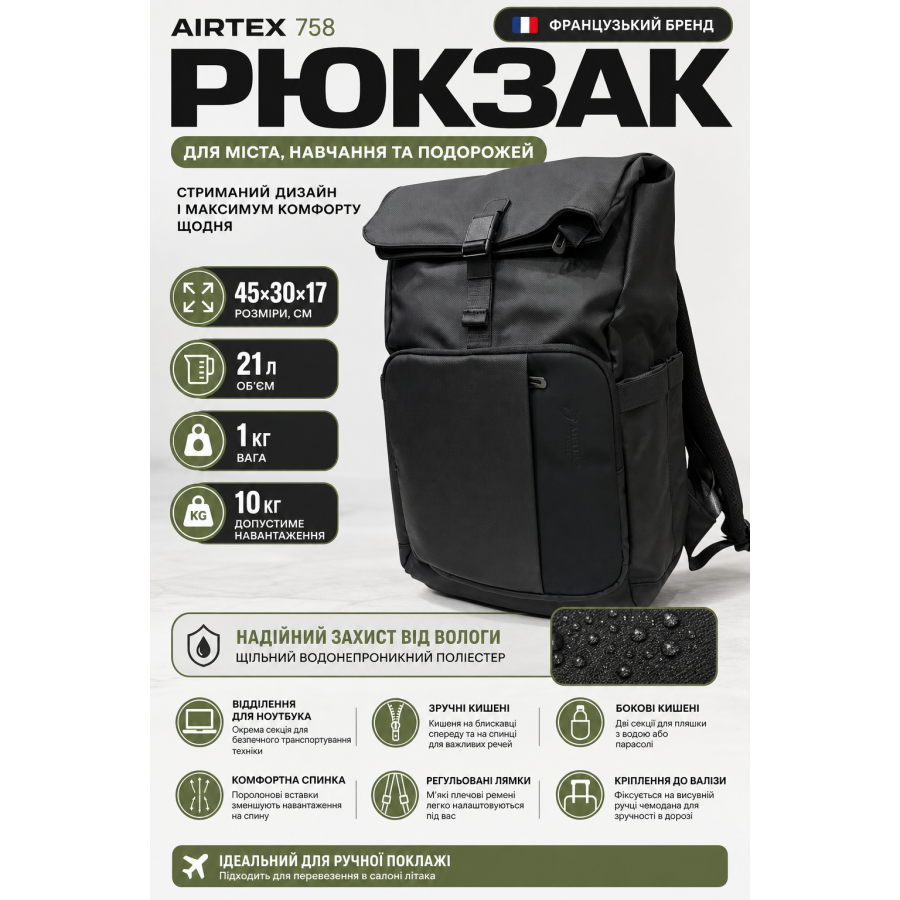 Рюкзак Airtex 758 полиэстер 45х30х17 см 21 л Черный