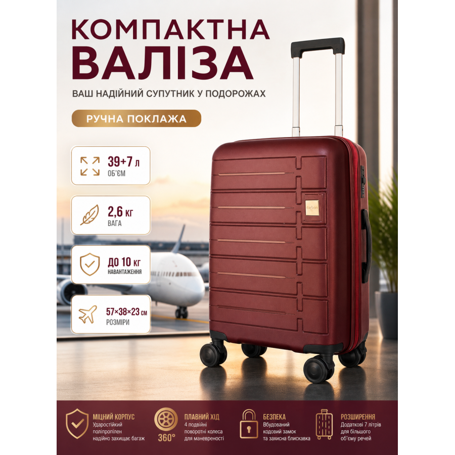 Чемодан маленький Carbon 65903 полипропилен 57х38х23 см 39+7 л для ручной клади Бордовый
