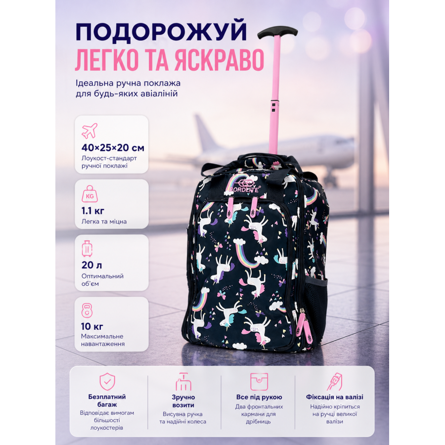 Чемодан маленький для ручной клади Bordlite JBTB90/unicorn 40х25х20 см Разноцветный
