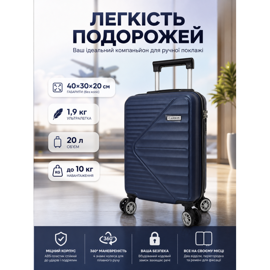 Чемодан Carbon 66101 маленький для ручной клади мини XS 40x30x20 см ABS-пластик Темно-синий