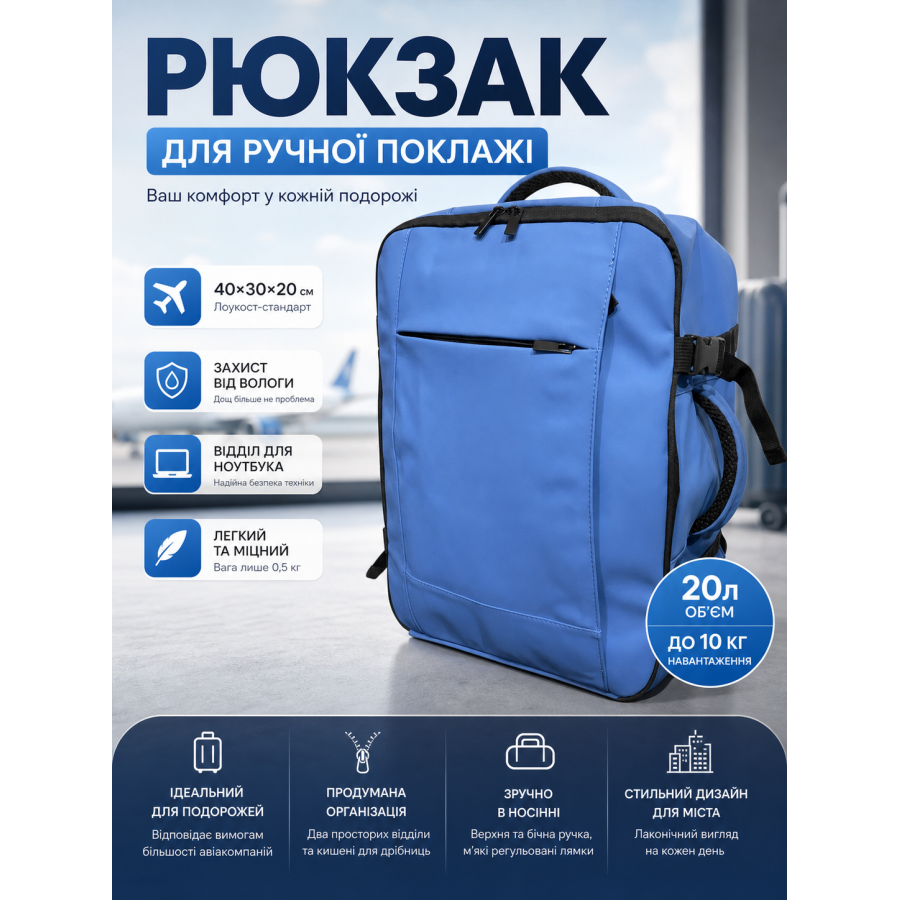 Рюкзак Bordlite JBBP336 для ручной клади лоукост 40x30x20 см полиэстер Синий