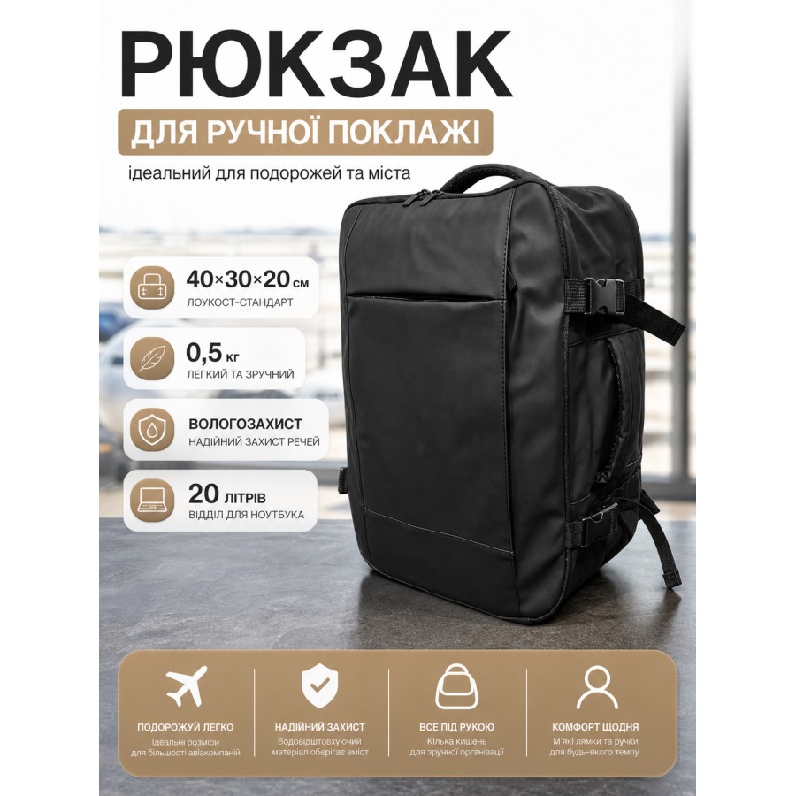 Рюкзак Bordlite JBBP336 для ручной клади лоукост 40x30x20 см полиэстер Черный