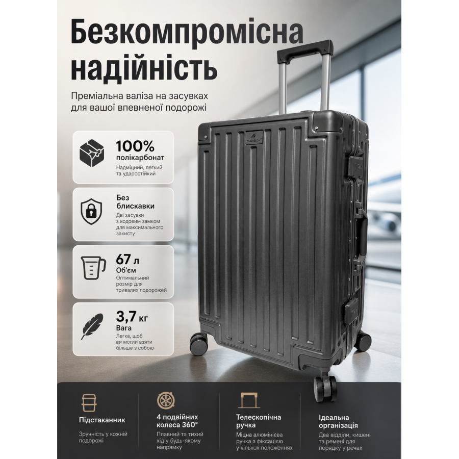 Чемодан средний M Madisson Snowball 66503 M 64x43x26 см 100% поликарбонат на защелках Серый
