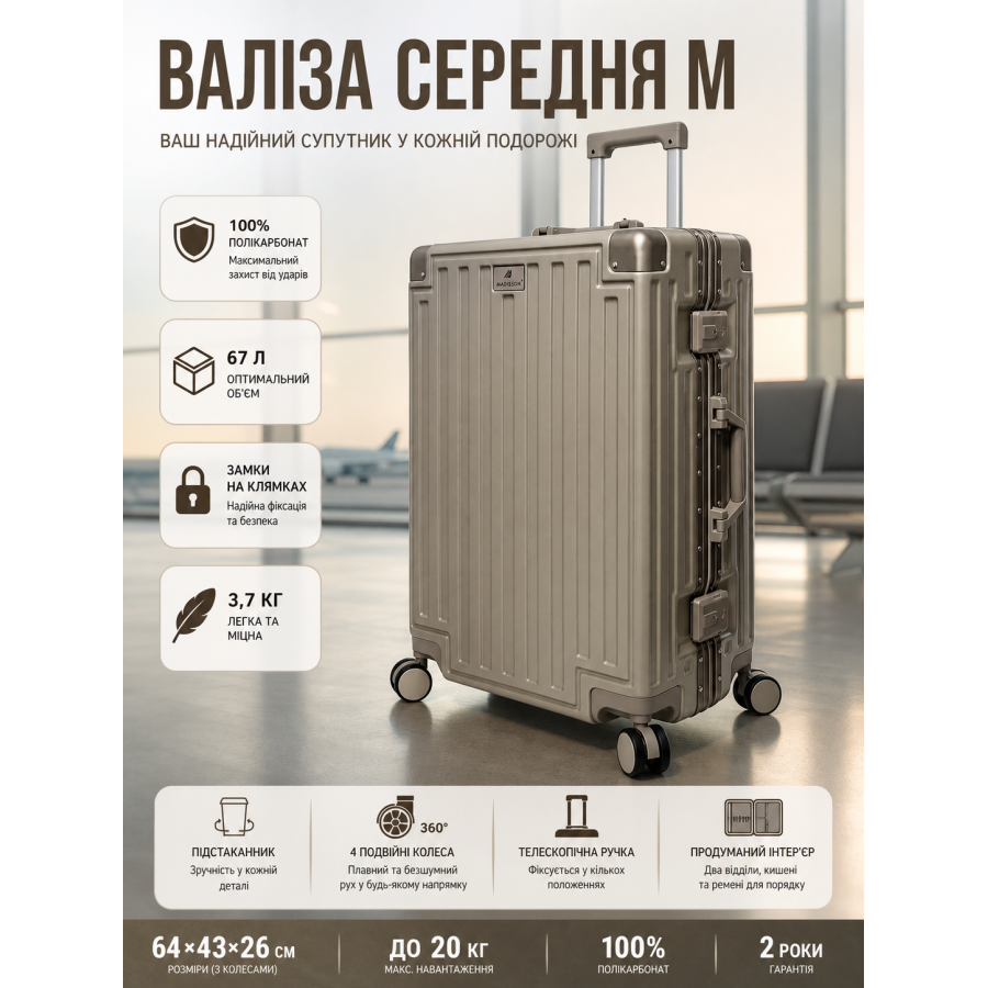 Чемодан средний M Madisson Snowball 66503 M 64x43x26 см 100% поликарбонат на защелках Шампань