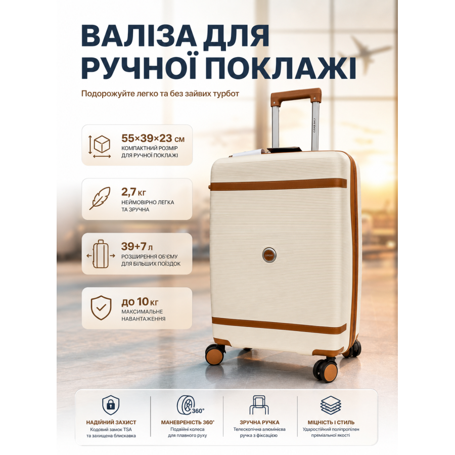 Чемодан маленький для ручной клади Carbon 7898 S полипропилен с расширением Кремовый