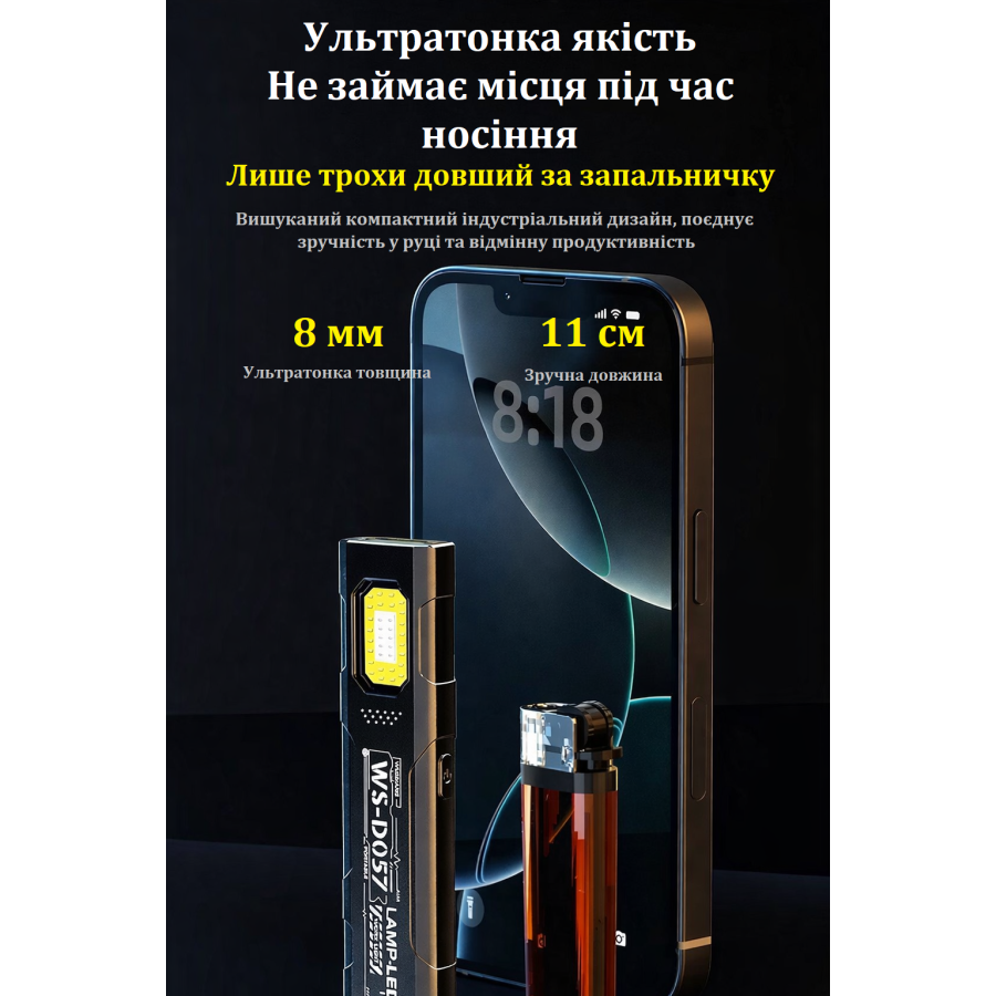 WS-D057: ультратонкий EDC-фонарь COB 550 lm с магнитом и клипсой