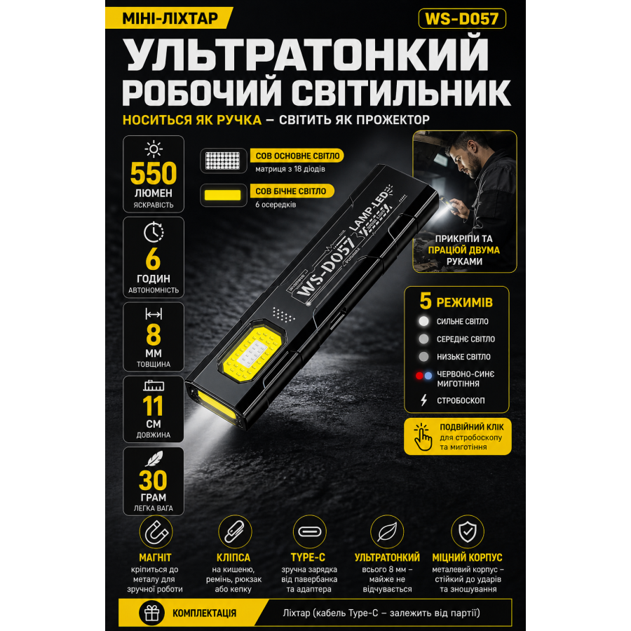 WS-D057: ультратонкий EDC-фонарь COB 550 lm с магнитом и клипсой