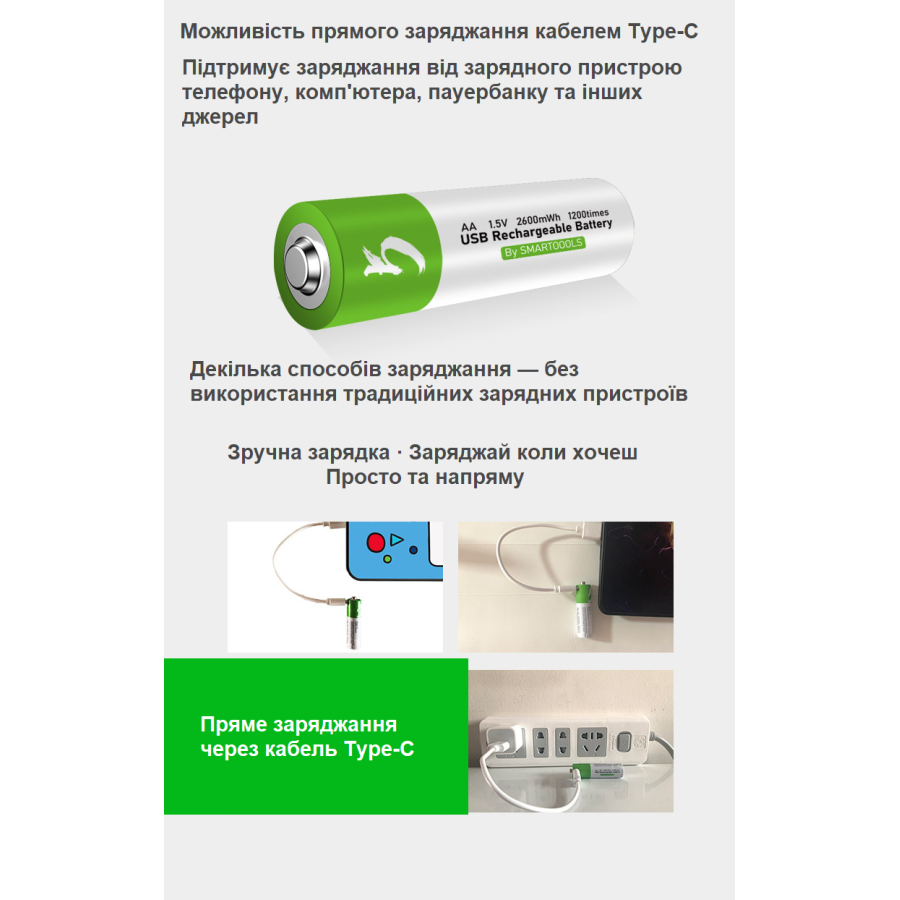 Аккумуляторы SMARTOOOLS AA 1.5V Type-C (2 шт)