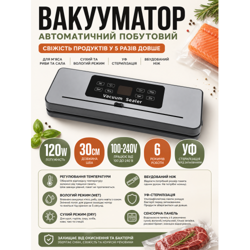 Вакууматор автоматический 120W с регулировкой температуры запайки — WET/DRY, шов 30 см