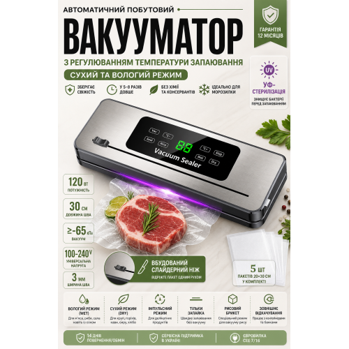 Вакууматор автоматический 120W с регулировкой температуры запайки — WET/DRY, шов 30 см